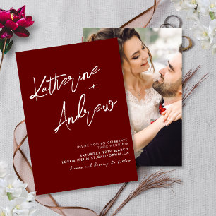 Convite Casamento outono de Script Minimalista Burgundy Ma