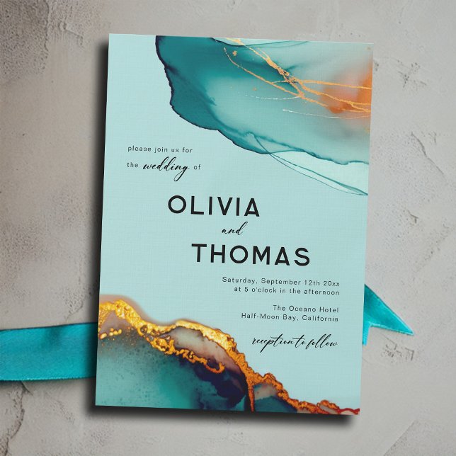 Convite Casamento outono de Script Moderno de Teal Laranja (minimalist modern elegant orange and teal wedding invitation watercolor beach autumn fall romantic)