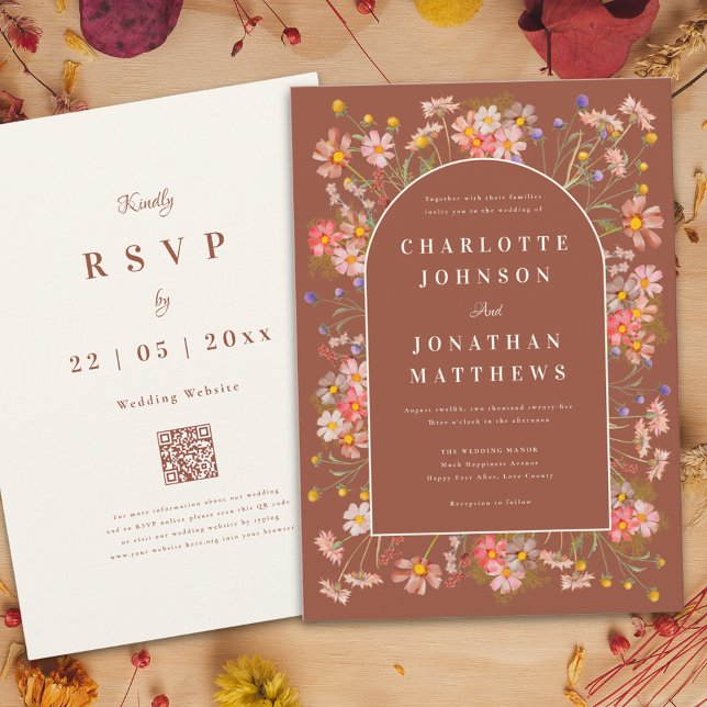Convite Casamento outono de Terracotta de Arch Chic Boho (Boho chic wildflower arch terracotta burnt orange beige fall wedding invitation )