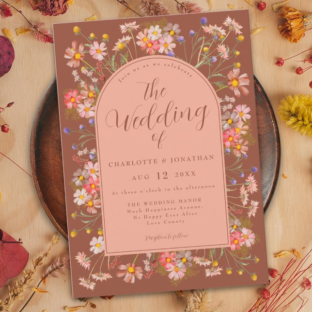 Convite Casamento outono de Terracotta Laranja Burnt (Wildflower arch terracotta burnt orange peach fall wedding invitation with elegant script )