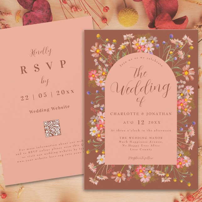 Convite Casamento outono de Terracotta Laranja Burnt (Wildflower arch terracotta burnt orange peach boho fall wedding invitation with elegant script )