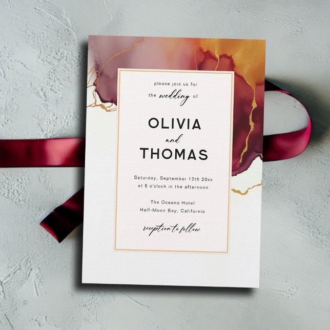 Convite Casamento outono Dourado Elegante Moderno Burgundy (burgundy orange fall wedding invitation minimalist modern typography elegant calligraphy romantic)