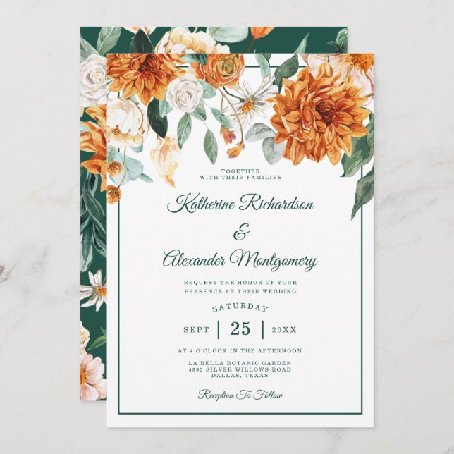 Convite Casamento outono Elegante Laranja Russo Queimado F (Frente/Verso)