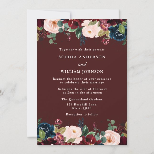 Convite Casamento outono Elegante Vermelho, Blush e Marinh (Frente)