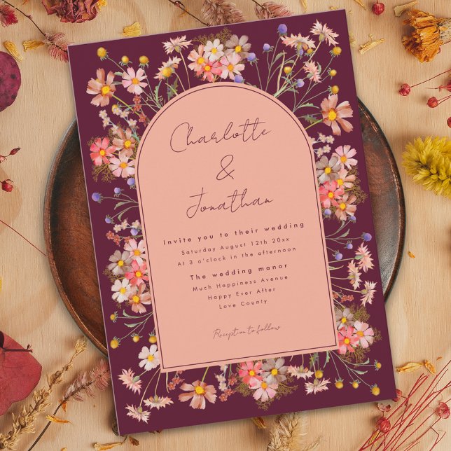 Convite Casamento outono Floral Boho Arch Burgundy (Boho floral arch burgundy terracotta peach wedding invitation watercolor wildflowers )
