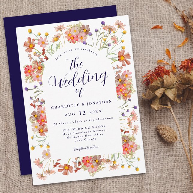 Convite Casamento outono Floral Boho Chic (Elegant boho rustic floral navy blue fall wedding invitation Watercolor wildflowers modern script )