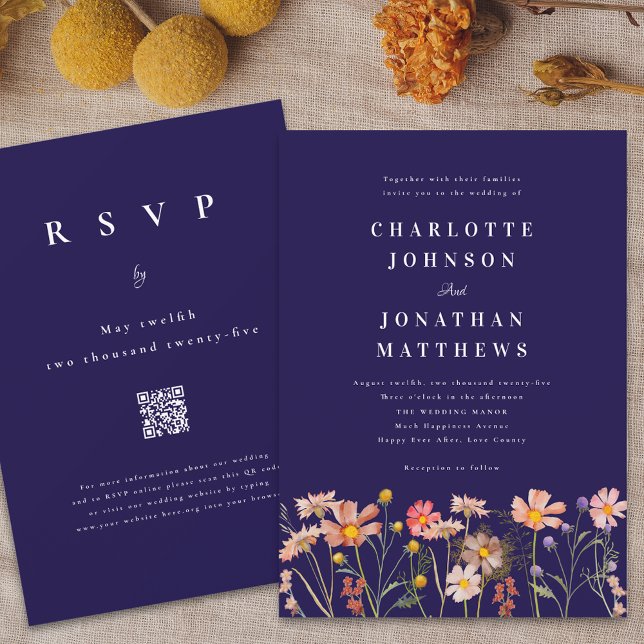 Convite Casamento outono Floral Boho Chic (Boho rustic floral navy blue fall wedding invitation Watercolor wild flowers elegant modern )