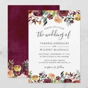 Convite Casamento outono Floral Botânico Vermelho de outo