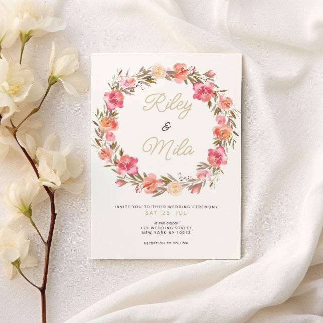 Convite Casamento outono floral cor-de-água-rosa (Botanical watercolor pink floral fall Wedding)