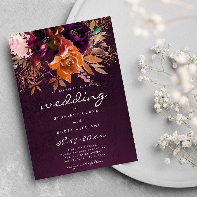 Convite Casamento outono floral cor-de-laranja-rosa brilha (Burgundy orange pink gold floral fall wedding invitation)