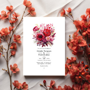 Convite Casamento outono Floral de Gradação Vermelha