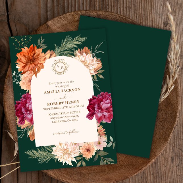 Convite Casamento outono floral Emerald Green e burgundy (Criador carregado)