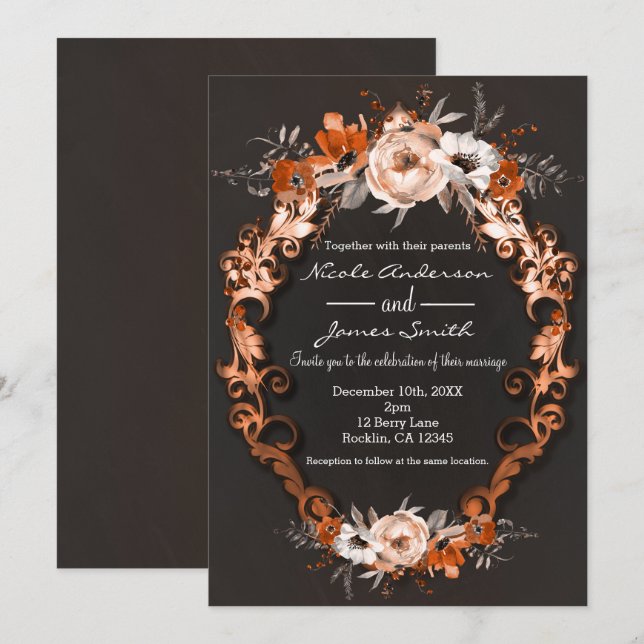 Convite Casamento Outono Floral Laranja Flores Elegante (Frente/Verso)