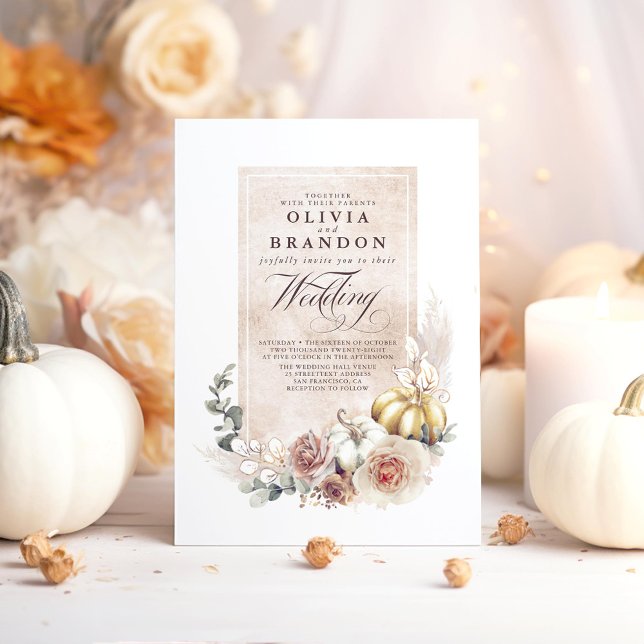 Convite Casamento outono Floral Pumpkins Boho (Earthy Floral Pumpkins Fall Wedding Invitations)