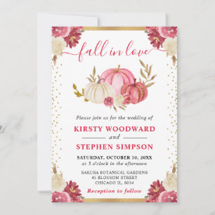 Convite Casamento outono Floral Pumpkins rosa e Dourado
