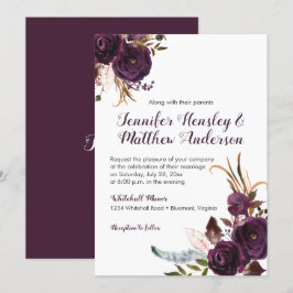 Convite Casamento outono Floral Rústico Escuro Roxo