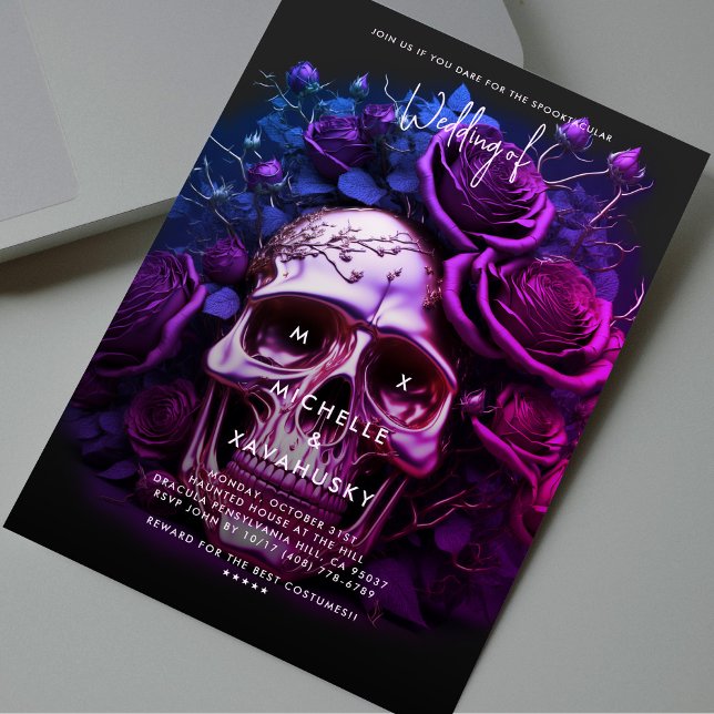 Convite Casamento outono Gótico Halloween Caveira Azul Rox (Gothic Fall Wedding Halloween Purple Blue Skull Invitation
)