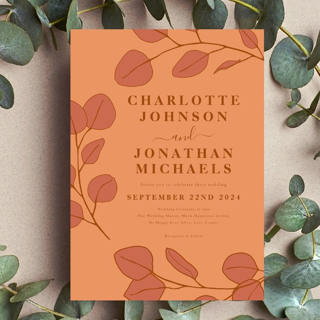 Convite Casamento outono Laranja Mínimo Folha Queimada (Minimalist eucalyptus leaves modern stylish orange and peach wedding invitation )