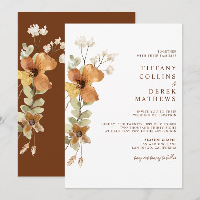 Convite Casamento outono Laranja Russo Queimado Floral (Frente/Verso)