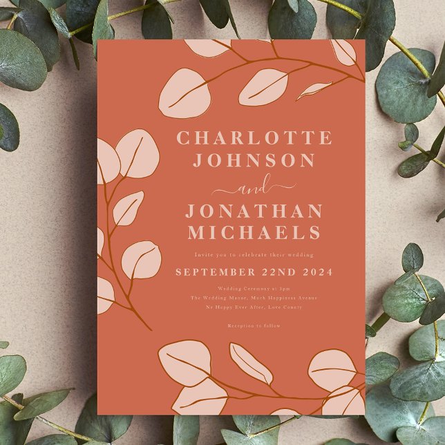 Convite Casamento outono Mínimo Leaf Terracotta (Simple modern leaf orange peach wedding invitation with stylish typography script )