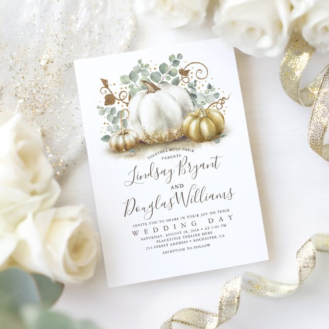 Convite Casamento outono Moderno Russo de Pumpkins Branco  (White Pumpkins Fall Wedding Invitation)