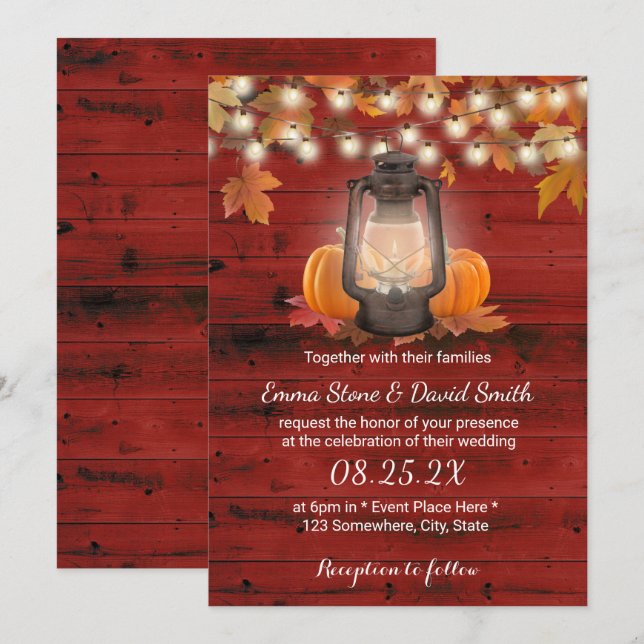 Convite Casamento outono Russo Lanterna e Pumpkins Red Bar (Frente/Verso)