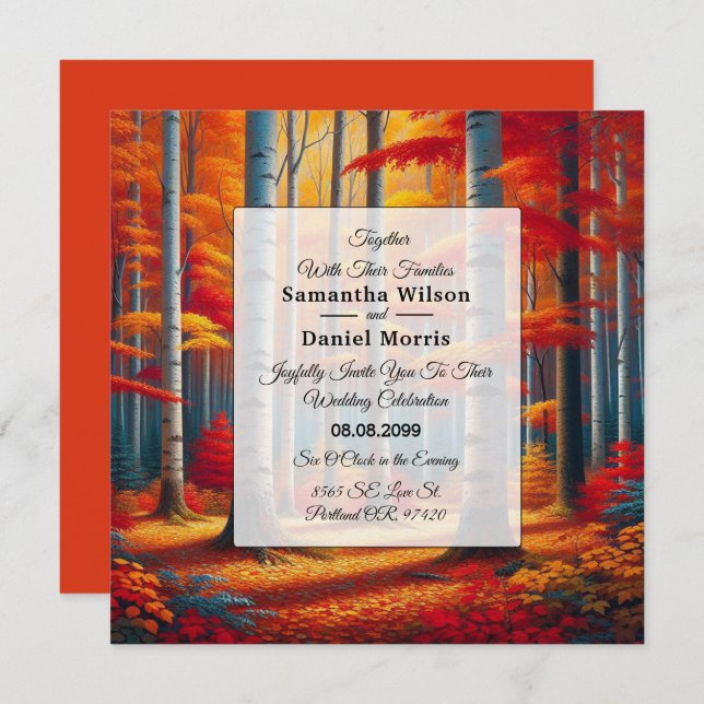 Convite Casamento outono Rustic Birch Tree (Frente/Verso)