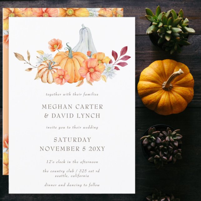 Convite Casamento outono Rustic Watercolor Orange Pumpkins (Criador carregado)