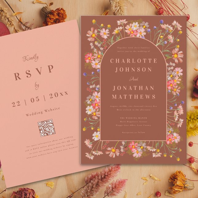 Convite Casamento outono Terracotta de Arch de Flor Selvag (Elegant arch wildflower burnt Orange terracotta and peach fall wedding invitation )