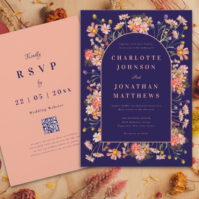 Convite Casamento outono Terracotta de Marinho Floral Eleg (Wildflower arch elegant script navy blue peach burnt Orange terracotta fall wedding invitation )