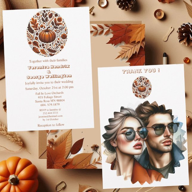 Convite Casamento Oval Fall Pumpkin Groovy Boho Rusty Brow (Oval Fall Pumpkin Groovy Boho Rusty Brown Foliage Invitation)