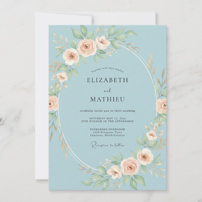 Convite Casamento Oval Floral Azul Céu (Frente)