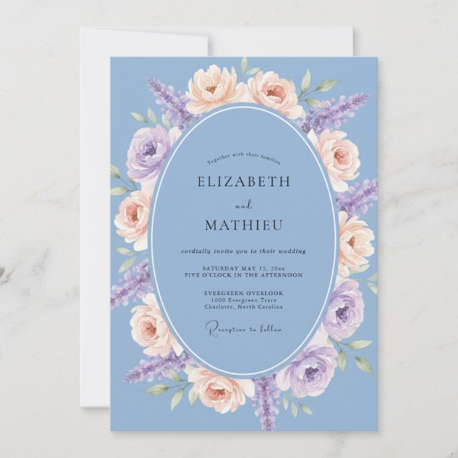 Convite Casamento Oval Floral Azul Empoeirado (Frente)