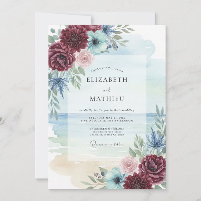 Convite Casamento Pacífico à Beira-Mar em Borgonha (Frente)
