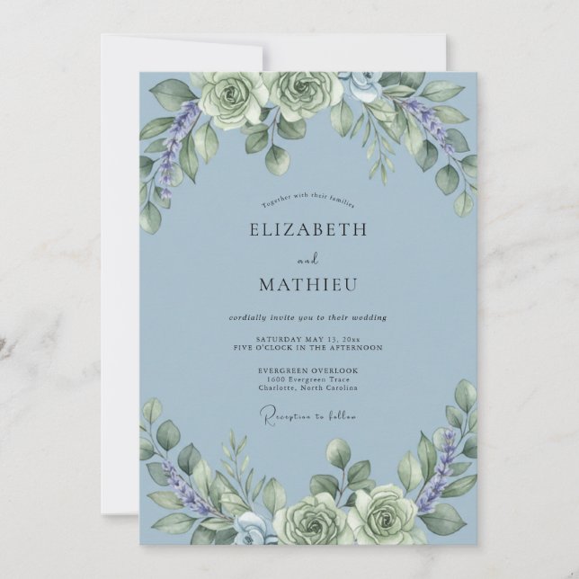 Convite Casamento Pacífico de Suculentas Azul Empoeirado (Frente)
