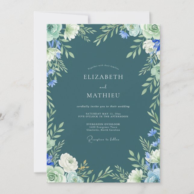 Convite Casamento Pacífico Florestal em Verde Azul (Frente)