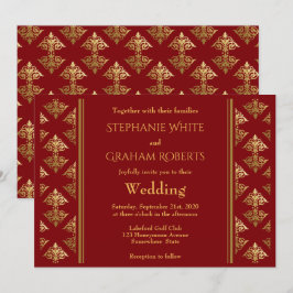 Convite Casamento Padrão de Damasco Vermelho e Dourado Ele