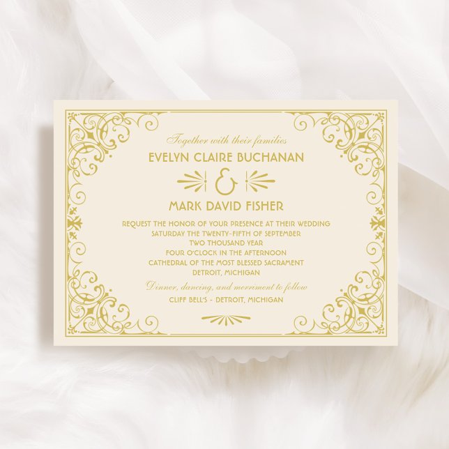 Convite Casamento Paisagem Dourado Vintage com Trabalho de (Criador carregado)