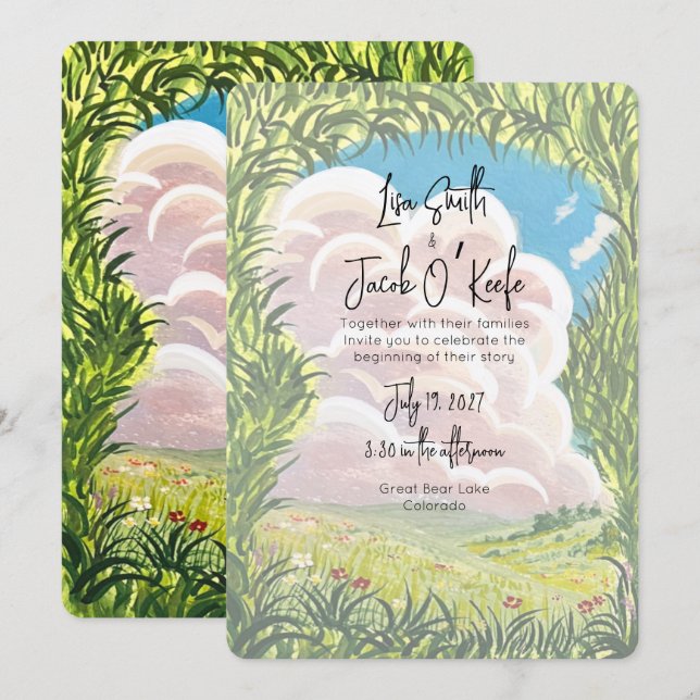 Convite Casamento Paisagem Ilustrada Pintada à Mão (Frente/Verso)