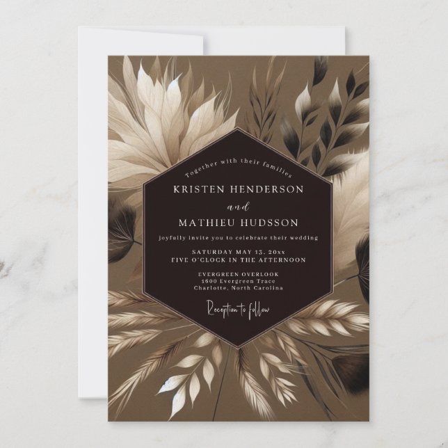Convite Casamento Pampas Boêmio Taupe (Frente)