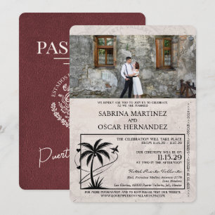 Convite Casamento Passaporte Burgundy Puerta Vallarta