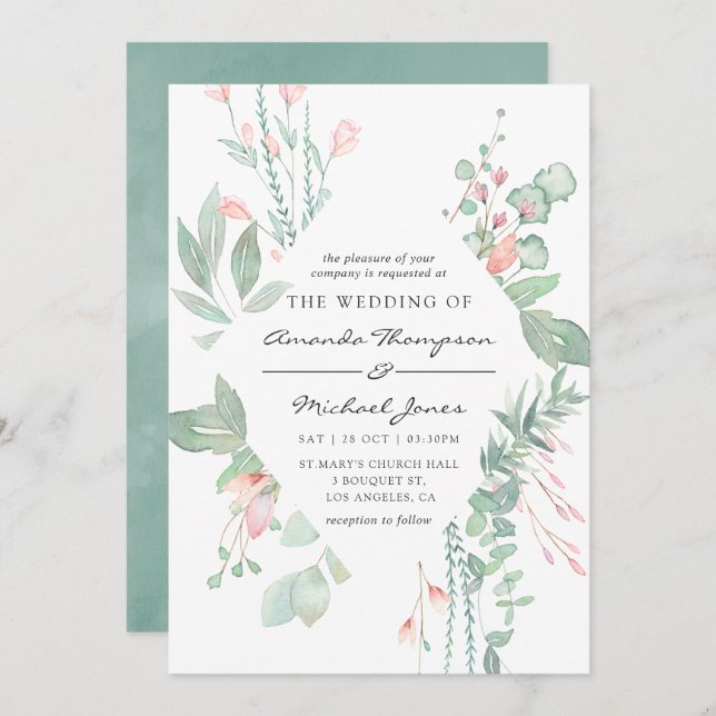 Convite Casamento Pastel Blush Greenery (Frente/Verso)