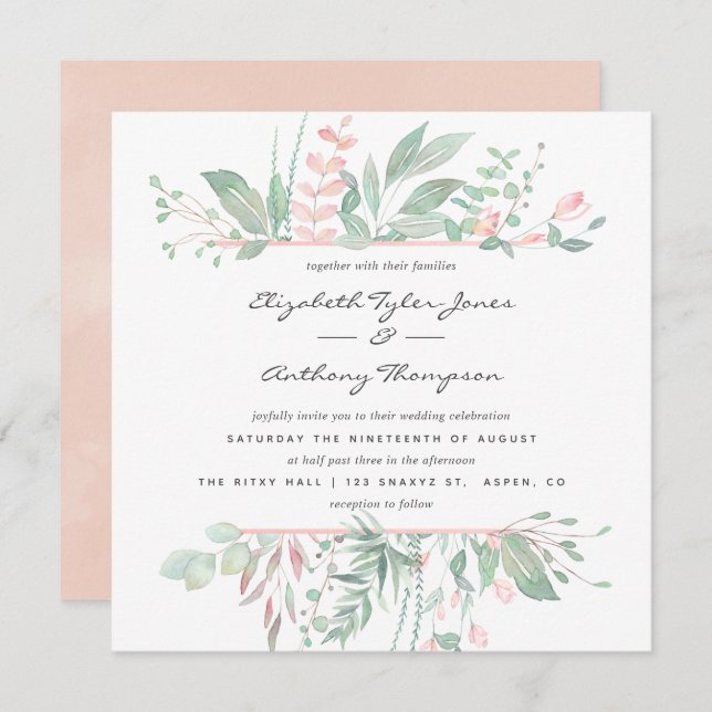 Convite Casamento Pastel Blush Greenery (Frente/Verso)