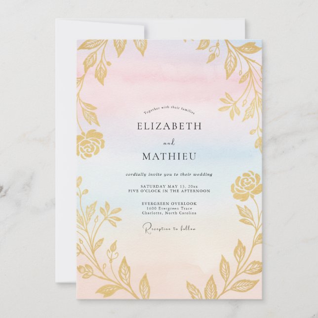 Convite Casamento Pastel com Folhas de Ouro (Frente)
