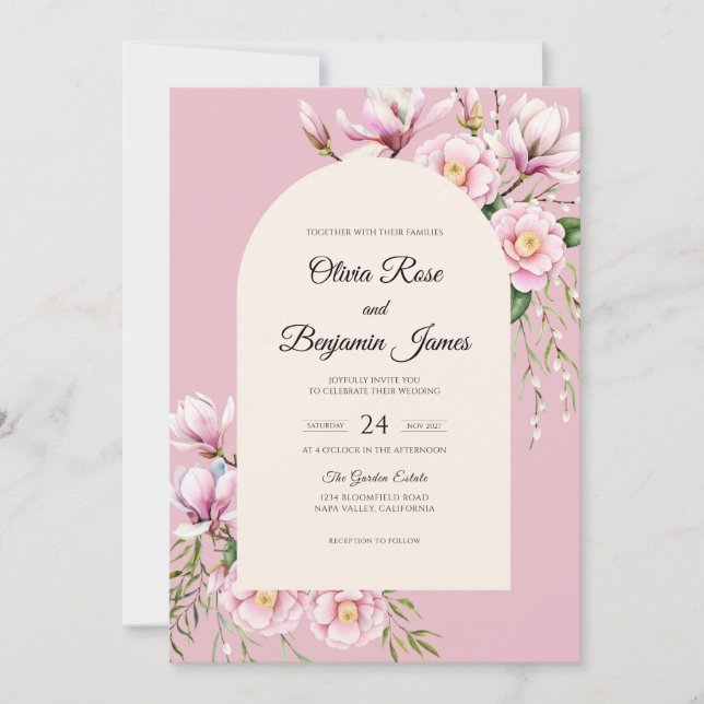 Convite Casamento Pastel com Magnólia (Frente)