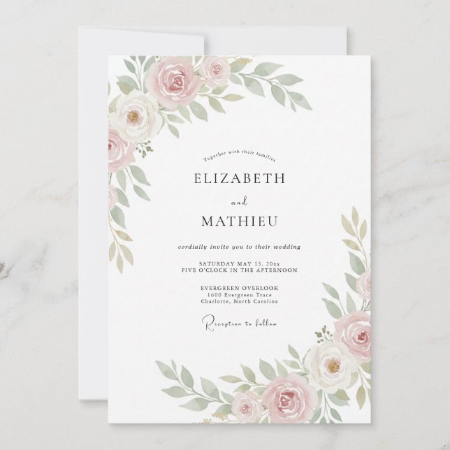 Convite Casamento Pastel com Pétalas Rosadas e Folhas (Frente)