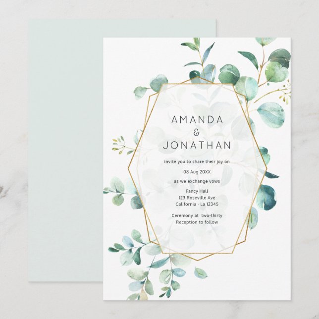 Convite Casamento Pastel Geométrico de Eucalipto Verde (Frente/Verso)