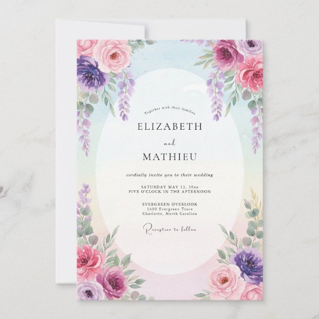 Convite Casamento Pastel Magenta Wisteria (Frente)