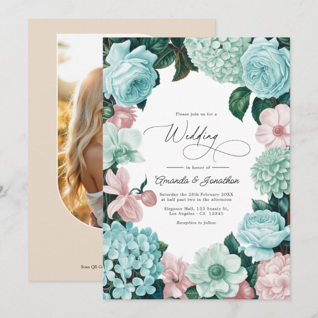 Convite Casamento Pastel Mint, Seafoam e Rosa Concha (Frente/Verso)