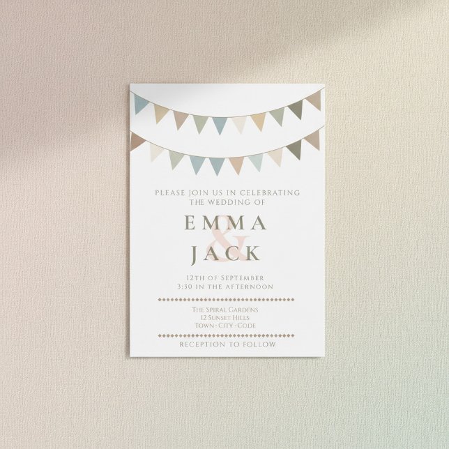Convite Casamento pastel neutro (Neutral bunting rustic pastel wedding invitation.)